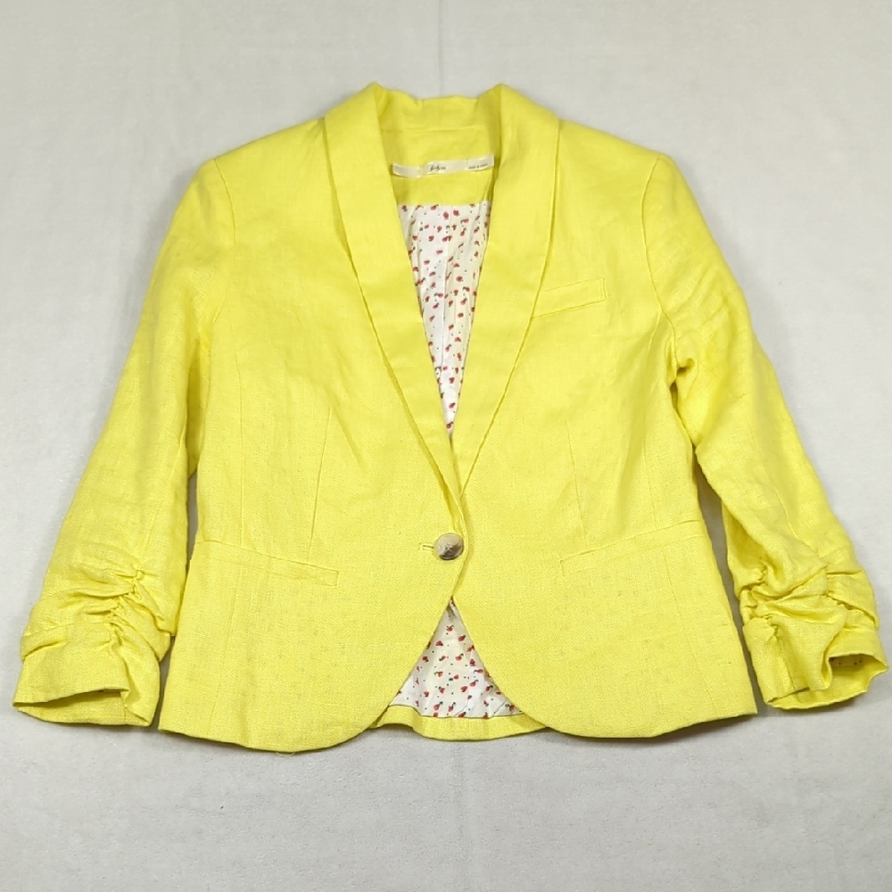 Gibson Ruched Sleeve Yellow Linen Blazer Size Small